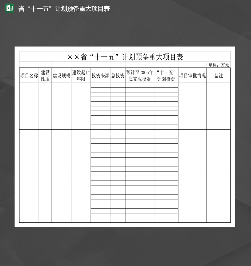 各省“十一五”计划预备重大项目表通用Excel模板
