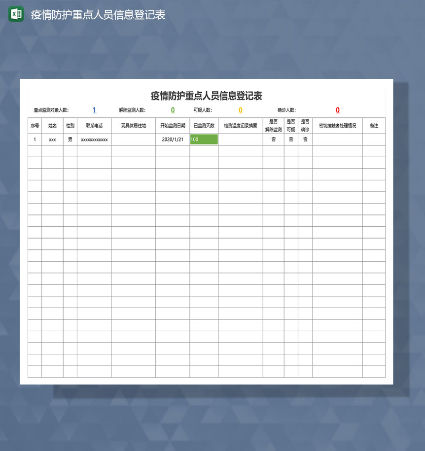 疫情防控期间重点人员信息登记Excel模板