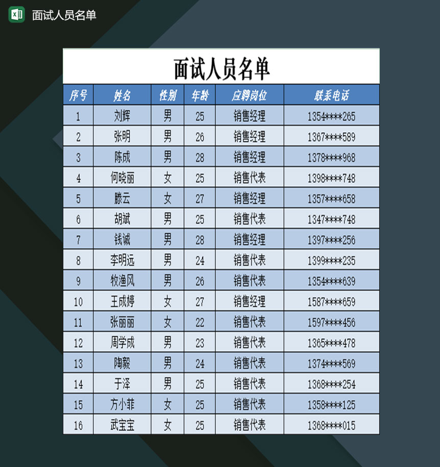 企业通用面试人员入围名单Excel模板
