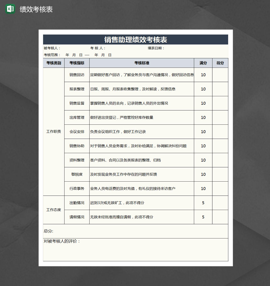销售助理绩效考核表Excel模板